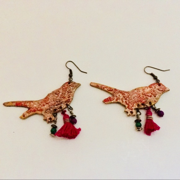 🌸HOST PICK 🌸Boho Red & Gold Wood Bird  Earrings - Picture 4 of 4